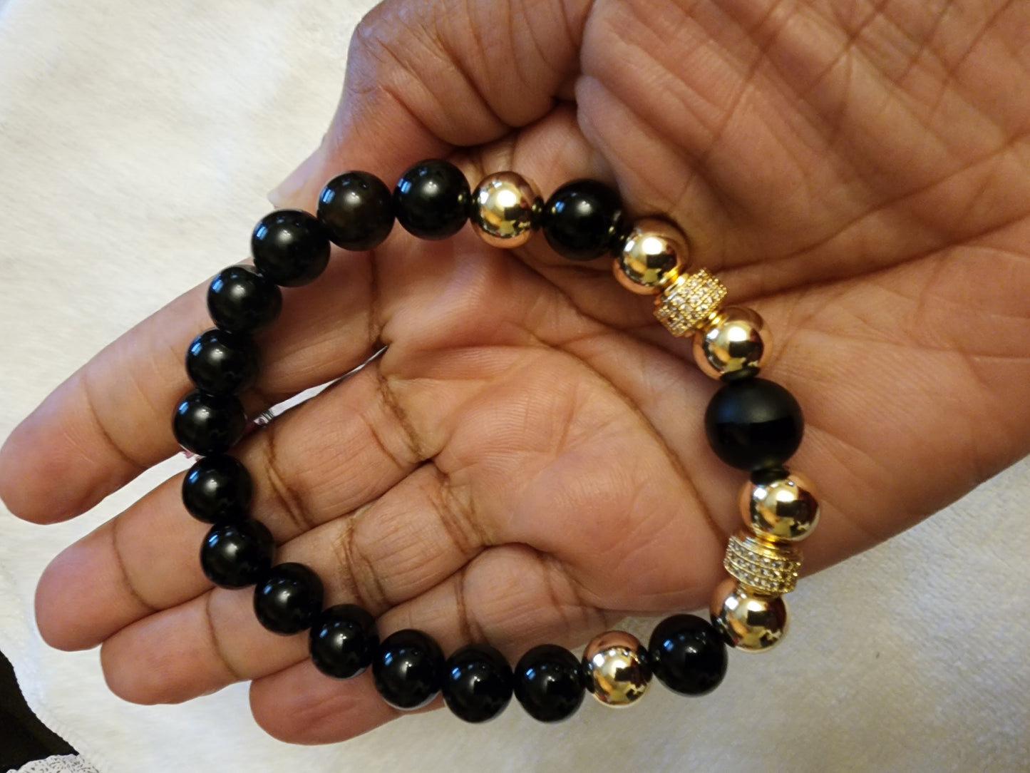 Gold-Filled, with Diamond accent & Black Onyx Beaded Bracelet (4)