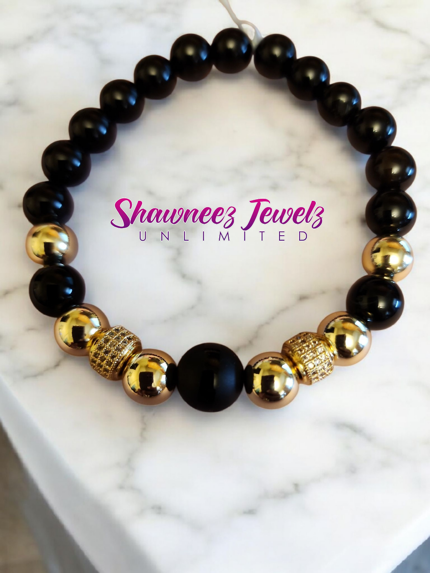 Gold-Filled, with Diamond accent & Black Onyx Beaded Bracelet (4)